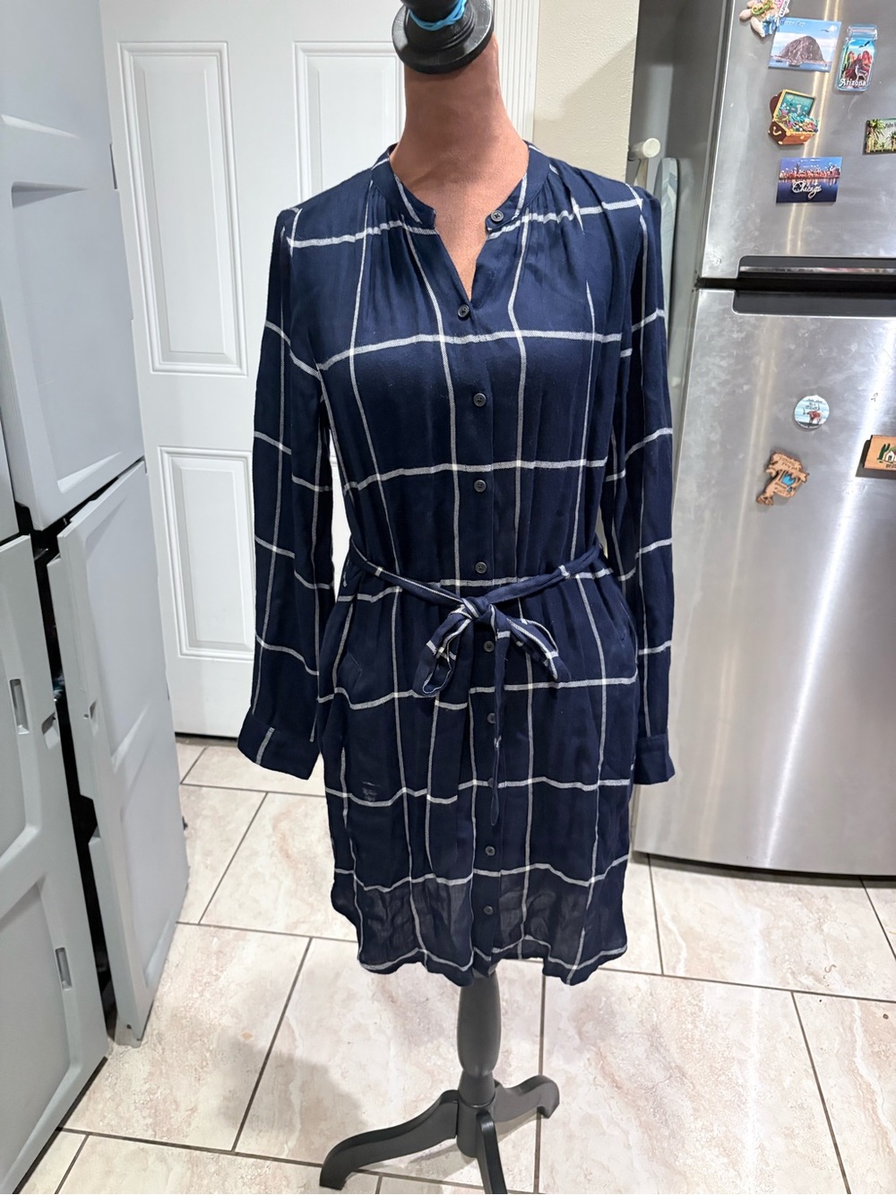 Lucky Brand Navy Windowpane Button-Front Shirt Dress with Tie